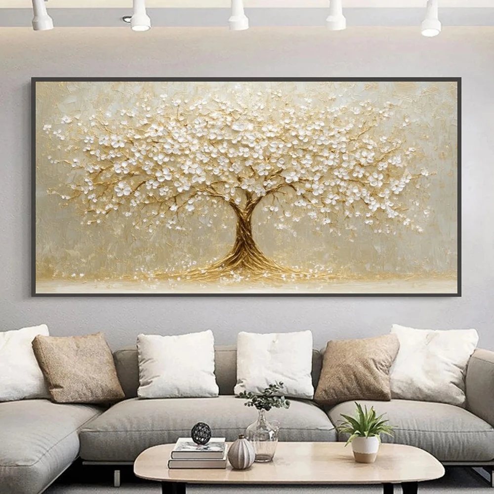 Golden Blossoms Tree of Life  Tree of Life Painting On Canvas, Joyful Nature Landscape Wall Art, Living Room Decor, Ｎo Frame
