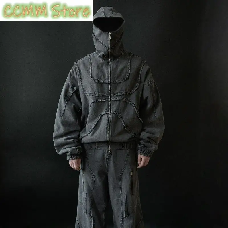 New Denim Jacket American Splicing Style Gothic Vintage Trend Unisex Streetwear Punk High Street Oversized Leisure Zip Up Hoodie