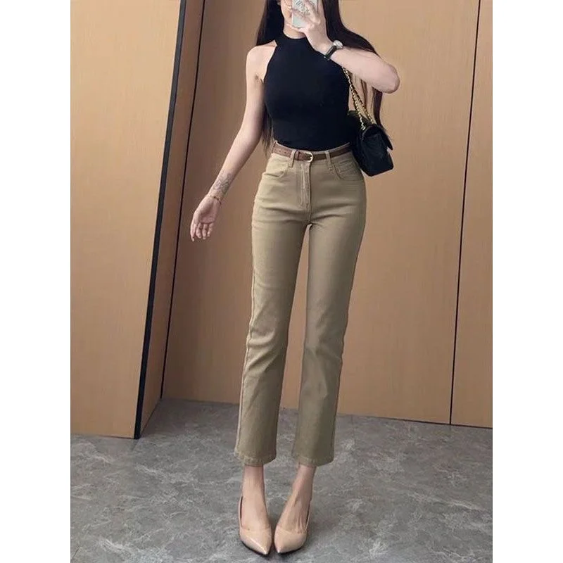 جينز كلاسيكي كاكي قديم على طراز المال مستقيم الساق للنساء 2025 ربيع الخريف جديد عالي الخصر مطاطا تسع نقاط السجائر السراويل