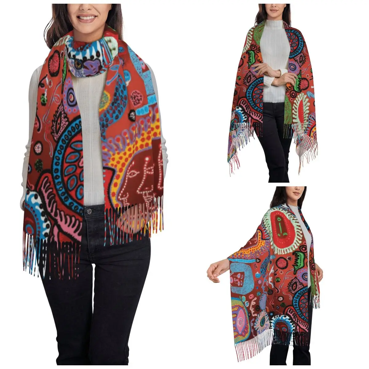 Yayoi Kusama Fungus Shawls Wraps for Women Winter Warm Single-sided Pattern Scarf Polka Aesthetic Neckerchief Tassel Scarves