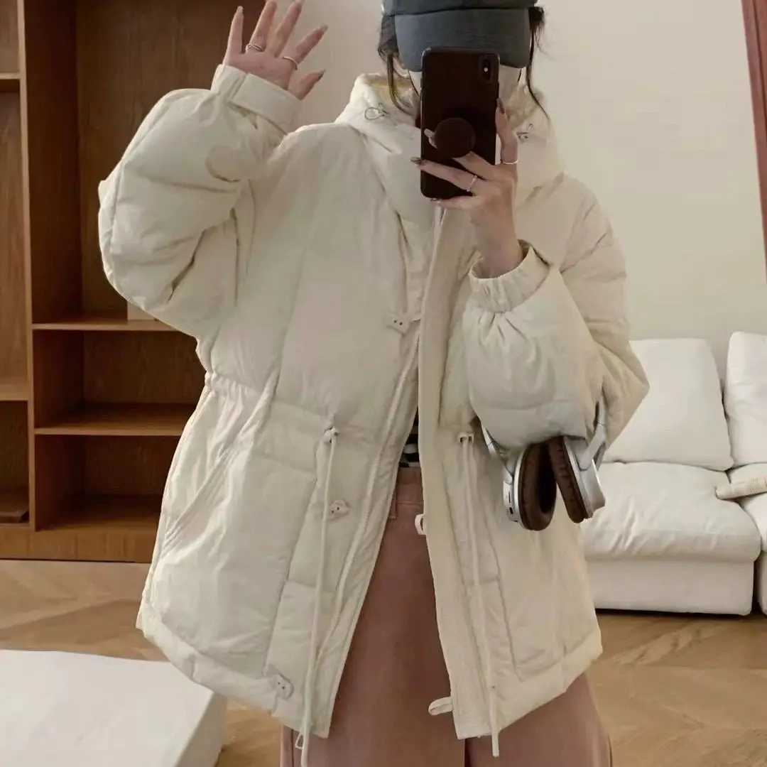 Autumn and Winter New Women's Down Jacket Hooded Loose Commuting Strap White Duck Down Minimally Designed Jacket