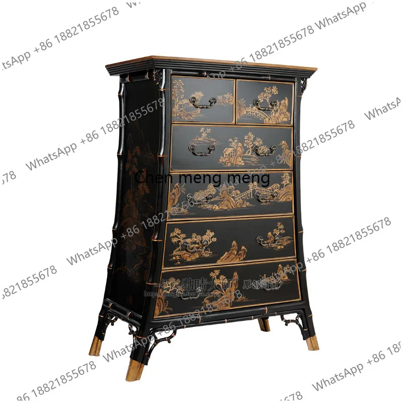 

Living room retro black gold relief burgundy bamboo six-bucket high cabinet storage cabinet