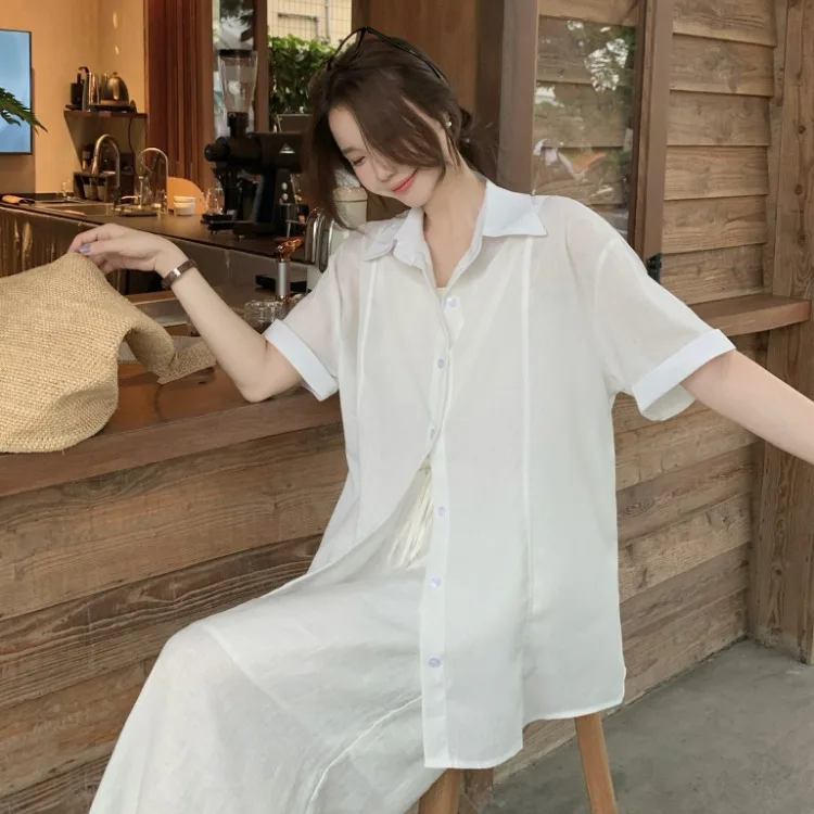 

White Lightweight Short Sleeve Women's Sun Protection Shirt Loose Casual Artistic Top Breathable Summer Fashion Ladies' Shirt