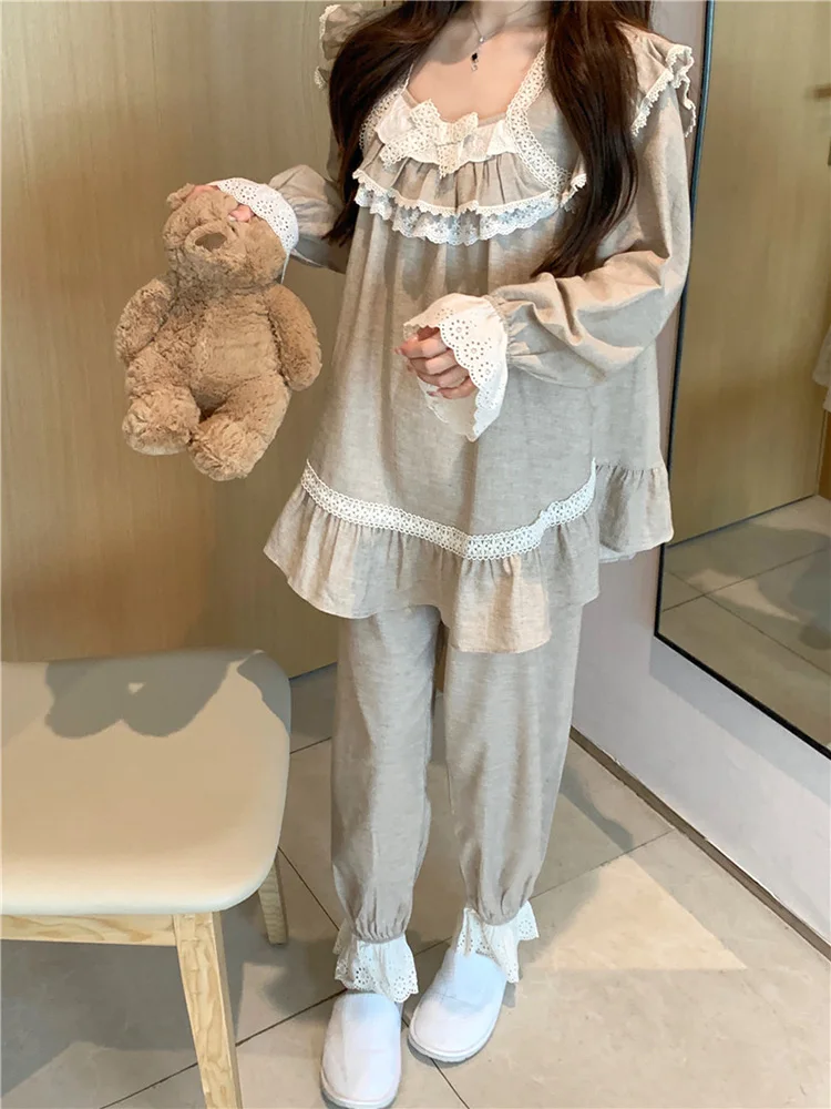 Lovers Lace New Home Winter Solid Cotton Loose Long Sleeve Pajama Set Women Sweet Simple Korean Couple NightDress Elegant Casual