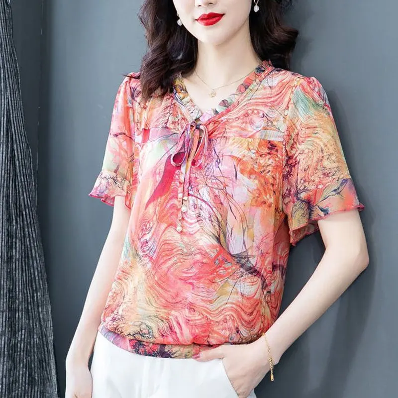 Stylish Vintage Contrasting Colors Printed Blouse Summer Female Elegant V-Neck Ruffles Spliced Casual Drawstring Chiffon Shirt