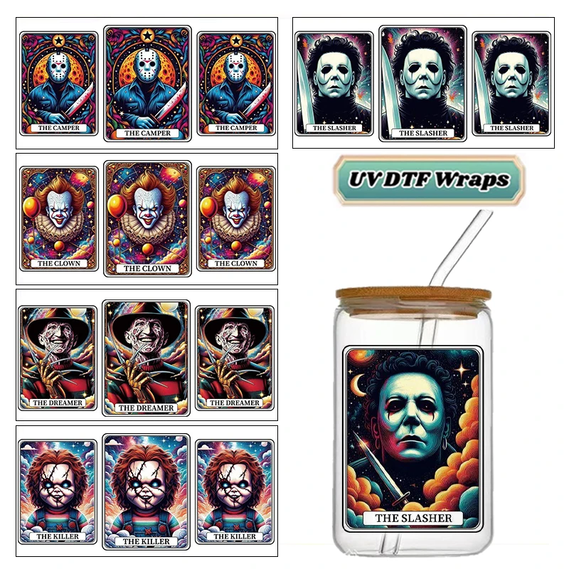 Halloween Retro Tarot Horror Character UV DTF Wraps Star Moon Galaxy Waterproof Decals for 16oz Libbey Glass Cans