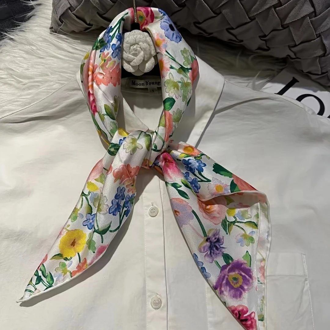 [BYSIFA] White 100% Silk Twill Scarf Neckscarf Fall Winter Fashion Floral Pattern Pure Silk Square Scarves Head Accessories 70cm