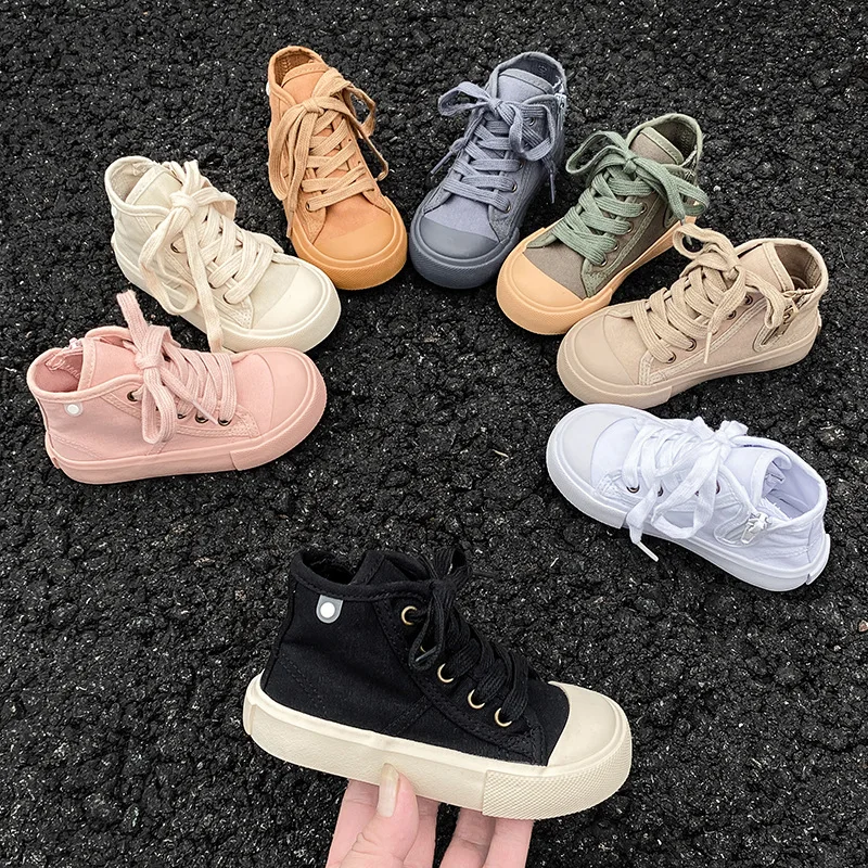 

Children Spring Fashion Canvas Shoes Girls Simple Casual Soft Soled Shoes Boys High Top Solid Color Side Zipper Kid Single Shoes