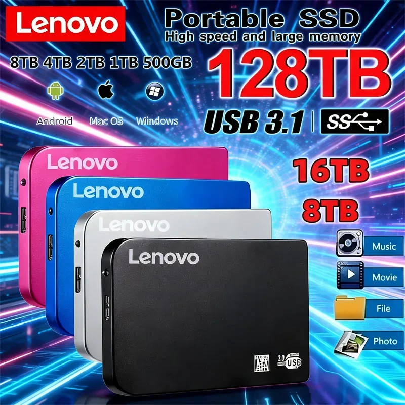 Lenovo 128TB SSD High-speed SSD USB 3.0 Enclosure Mobile Hard Drive Cases for SSD External Storage HDD Box With USB3.0 Cable ABS