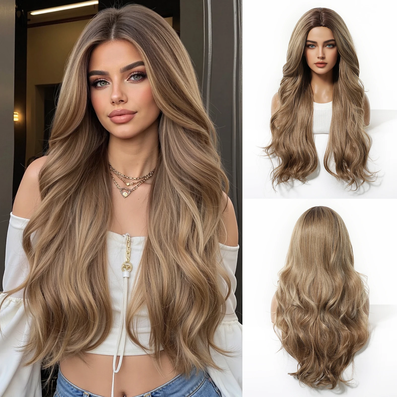 

ALAN EATON Light Brown Long Water Wave Synthetic Wigs Middle Part Wig for Women Daily Party Use Heat Resistant Fiber Hair Natur