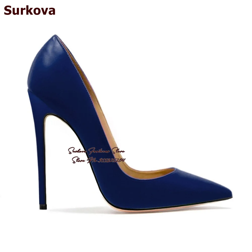 

Surkova 12cm 10cm 8cm Stiletto Heels Shallow Pumps Slip-on Pointed Toe Wedding Shoes Dark Blue Lilac Matte Leather Banquet Heels