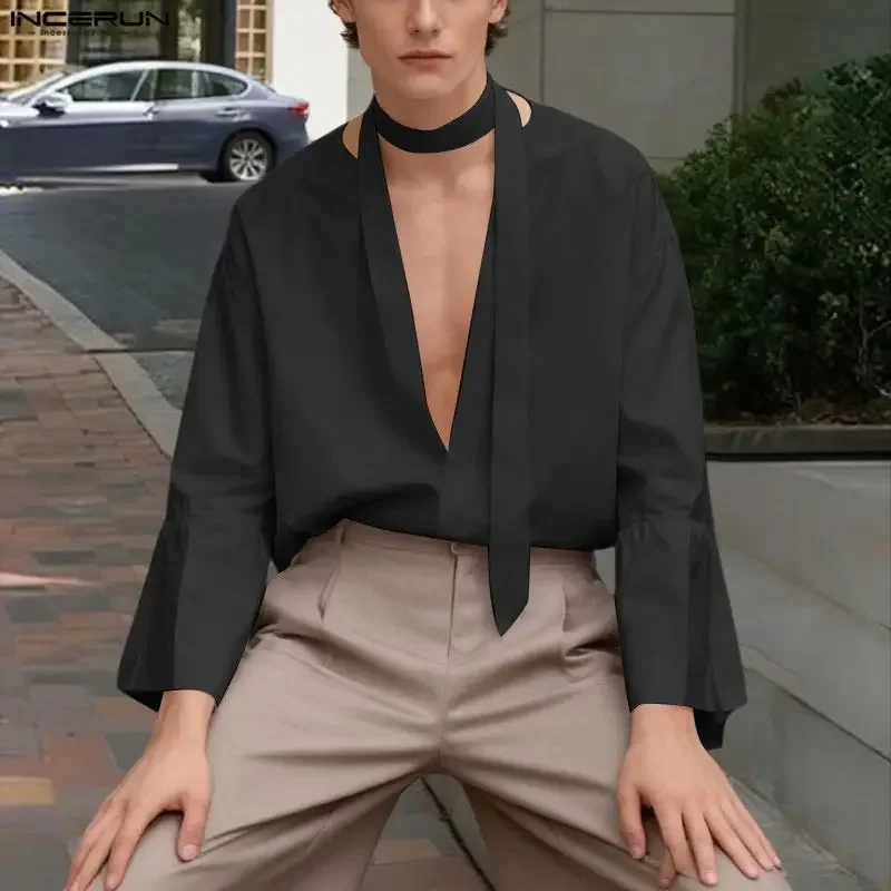 

INCERUN Men Shirt Solid Color Deep V Neck Long Sleeve Men Clothing Streetwear Loose With Belt 2026 Fashion Casual Tops Camisas