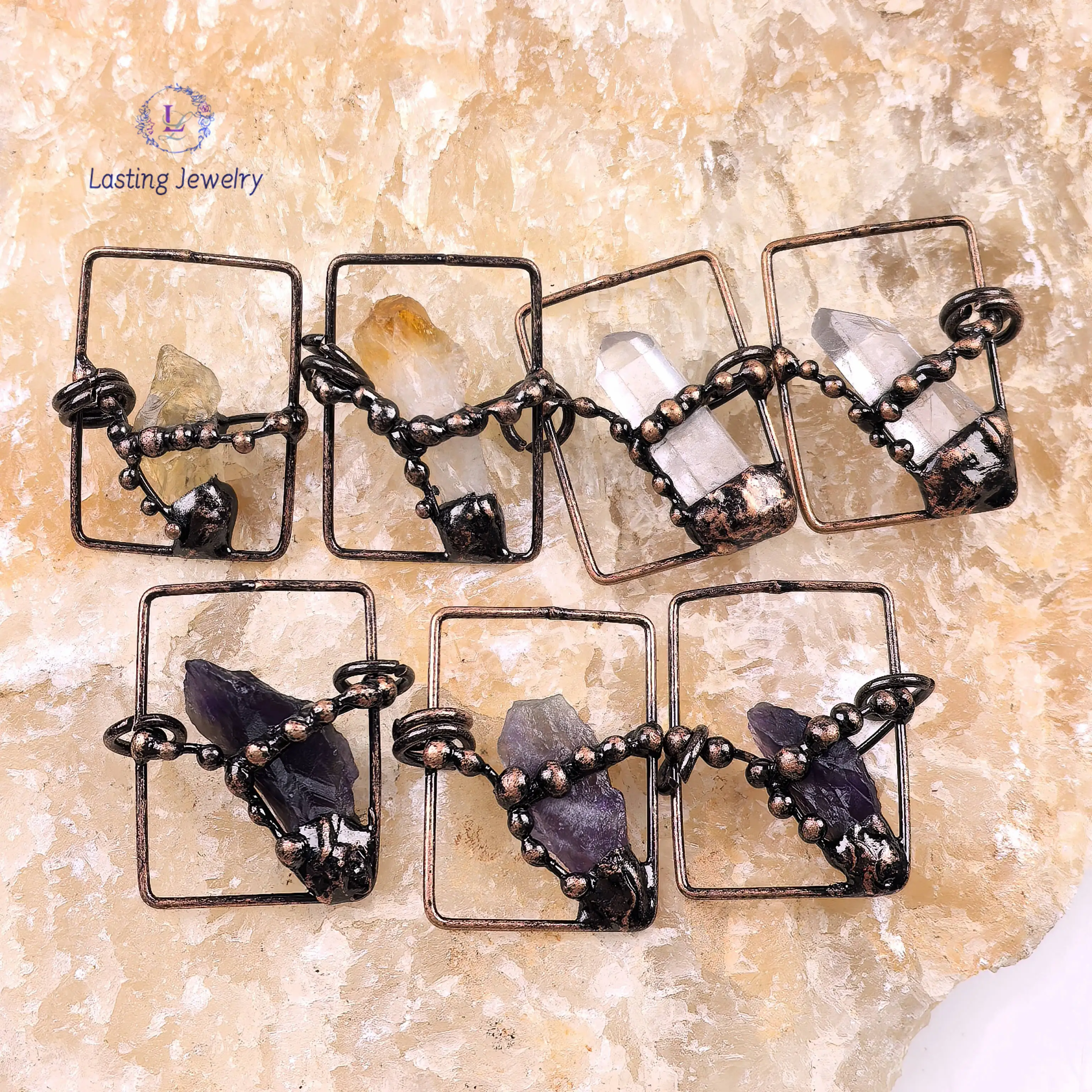 

Soldered Bronze Rectangle Pendants,Raw Citrine Point Reiki Chakra Crystal Amethyst Antique Copper Charms Necklace DIY Jewelry
