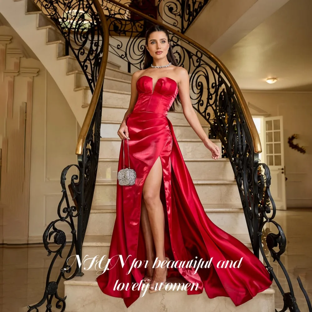 NFYN Chic Red Strapless Evening Dress Deep V Satin Corset Prom Gown Long Slit Mermaid Train Floor Party Dress Color Customized