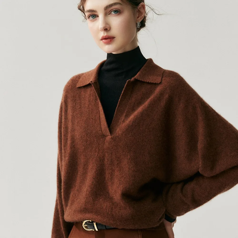 2025 Herbst und Winter Damenbekleidung Vintage-Stil 30 % Kaschmir Polo Scherenhals Französischer Lazy Style Wollpullover