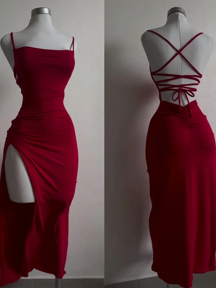 Summer Sleeveless Sling Evening Dress Lace-up Long Dresses Fashion Sexy Red Blackless Women Dress