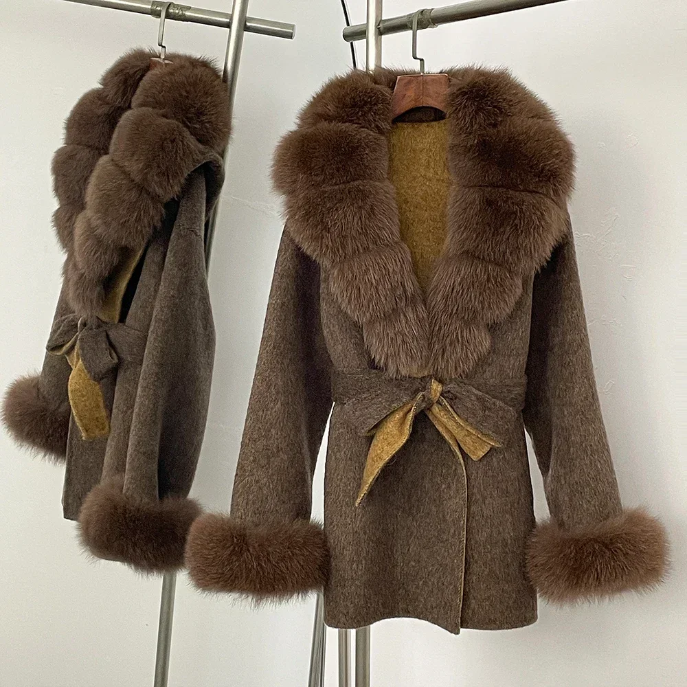 Natuurlijke bontkraag Echte vossenbontjas Luxe 2025, winter Dames Wollen jas met lange mouwen Bont Afneembare dames bovenkleding Wollen jas