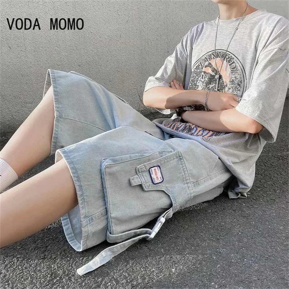 

Синие джинсовые повседневные шорты в стиле ретро, мужские летние свободные шорты в стиле Харадзюку в стиле хип-хоп, модные мешковатые универсальные базовые дизайнерские шорты с несколькими карманами для подростков