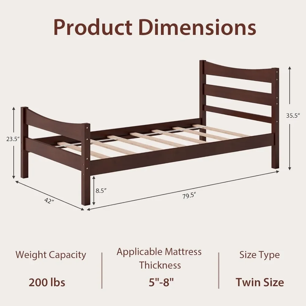 Wood Bed Frame Twin Size, Rustic Style Platform Bed w/Headboard & Footboard, Solid Wood Slat Support, No Box Spring Needed