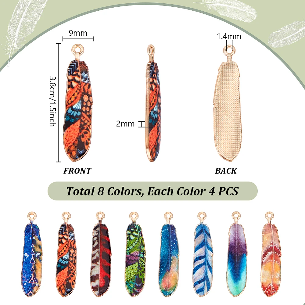 

32Pcs 8 Colors Alloy Pendants with Enamel Light Gold Feather Mixed Color 38x9x2mm Hole: 1.4mm 4pcs/color