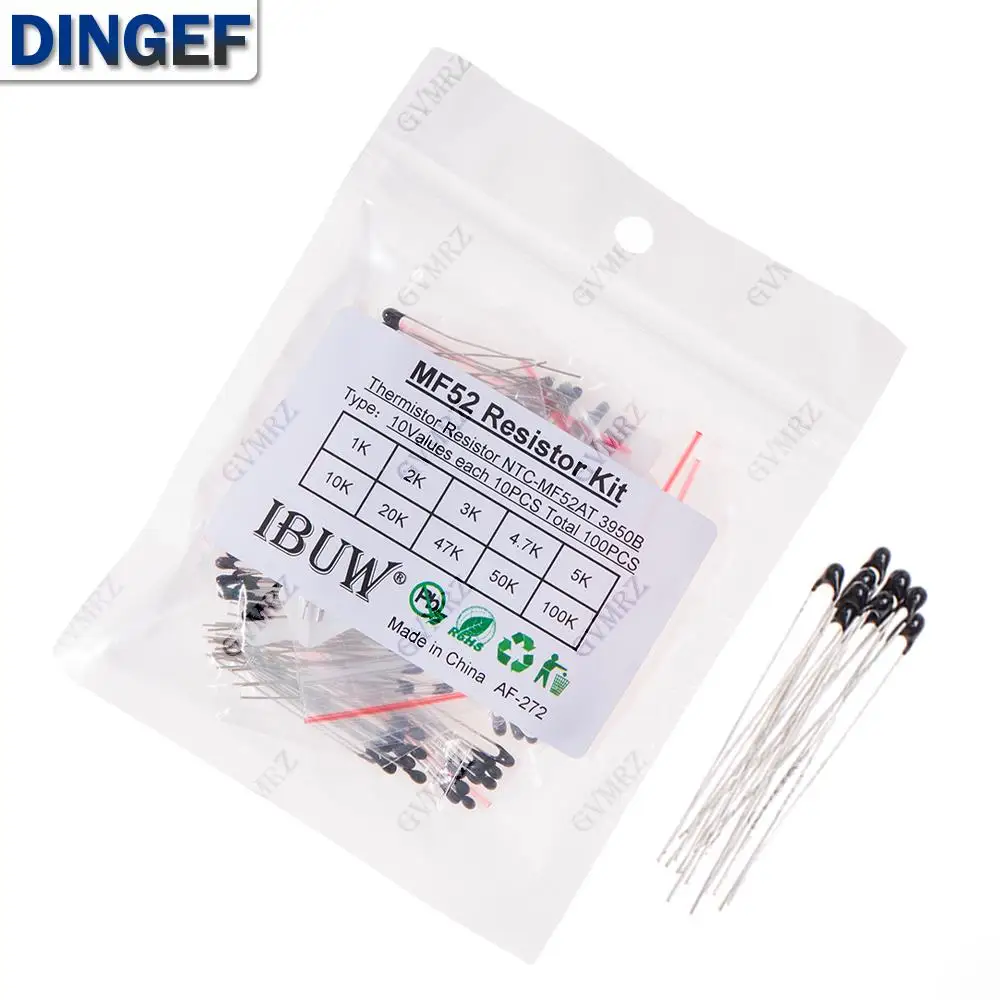 

100 шт., 10 значений, комплект термисторов MF52 NTC 1K-100K 3950B для измерения температуры и защиты от перегрева цепи 1K 10K 20K 30K 40K