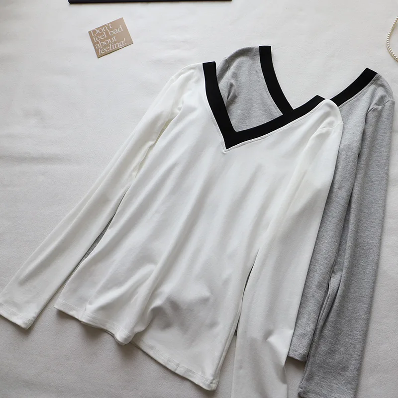 T-shirt a blocchi di colore da donna autunno con scollo a V impiombato a maniche lunghe T-shirt elastiche Coreano Moda casual Base semplice Pullover Top