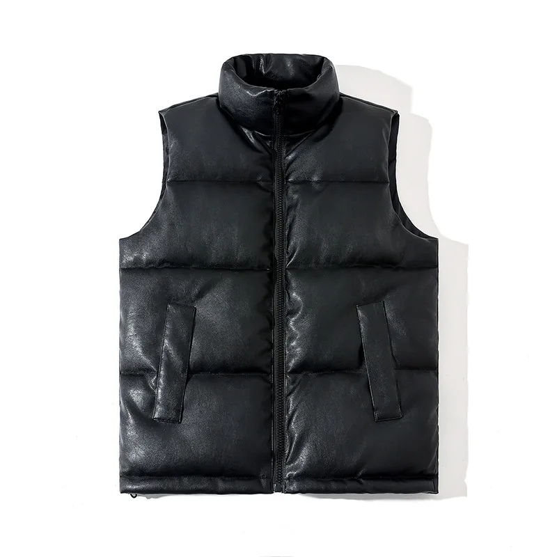 Men's Black Solid Color Casual Trendy Simple Basic Stand Collar Sleeveless PU Quilted Vests Male Winter Autumn New Fashion Coats