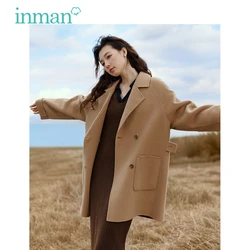 INMAN Women Double-sided Woolen Overcoat 2023 Winter Long Sleeve Lapel Thick Coat Retro Elegant Versatile Khaki Green Jacket