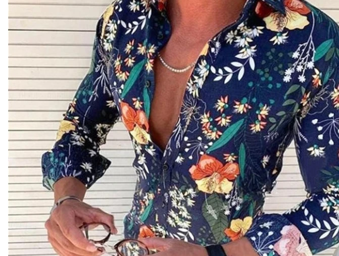 夏の新メンズカジュアルひまわり花柄プリントラペルシャツ長袖スキニーシングルブレストボタンシャツトップ