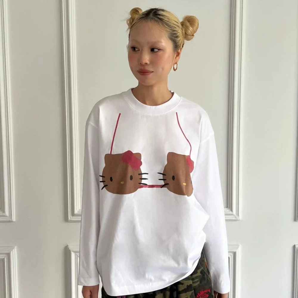 Miniso Hello Kitty American Style Round Neck Tees Female Summer New Cotton Long Sleeves Slim Fit Y2k Spicy Girl Simple Chic Top