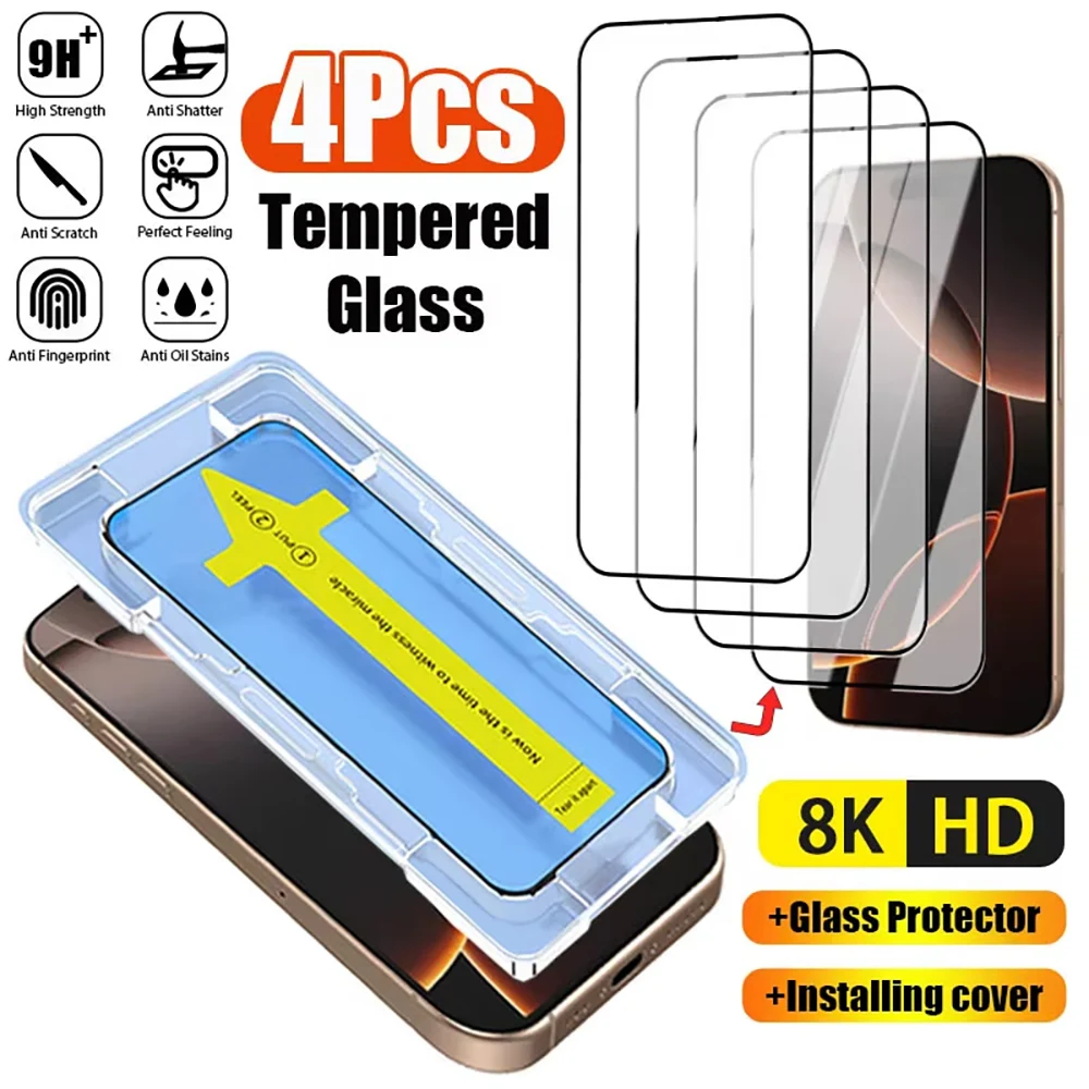 

4Pcs Dust Free Easy Install Screen Protector for iPhone 16 17 12 13 11 14 15 Pro Max Mini 16e 7 8 XS XR Oleophobic Coating Glass