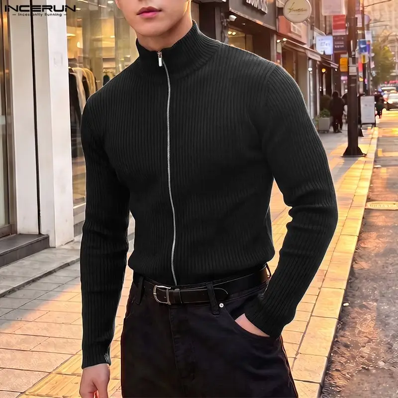INCERUN Men's Cardigan Solid Color Zipper Long Sleeve Stand Collar Sweaters For Man Knitted Streetwear 2026 Fashion Men Clothes