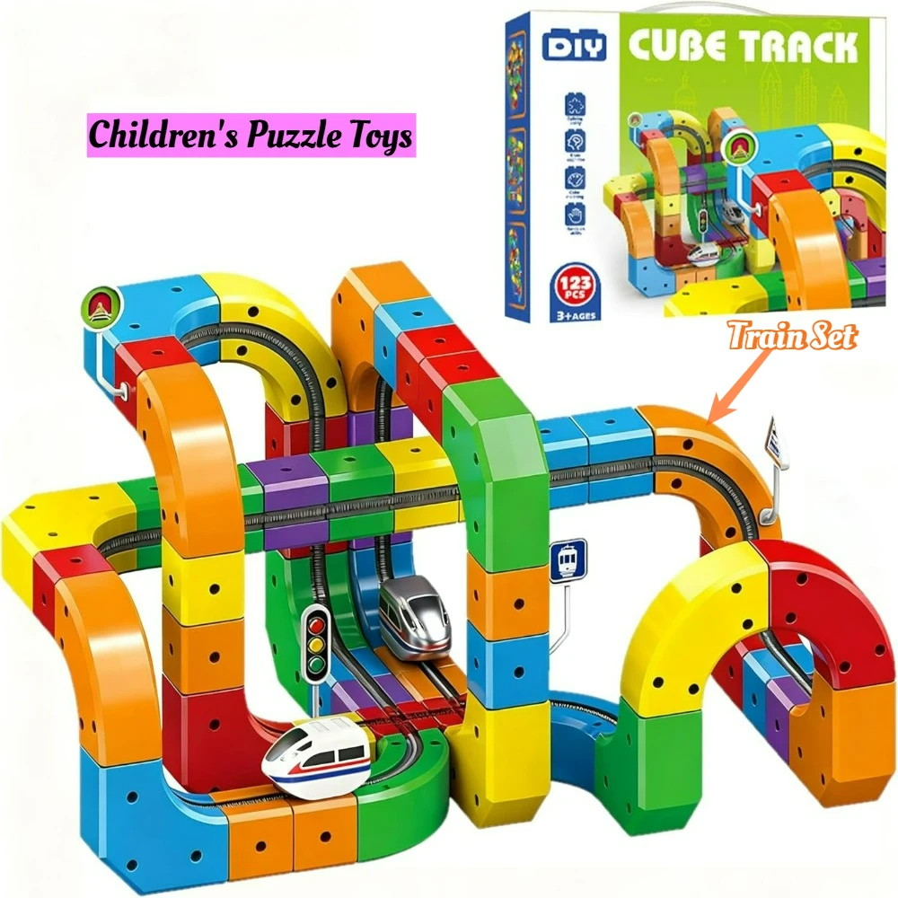 Electric Train Set, Flexible Race Track, 3D Embedded Layouts Train Track Set, Rail Cube Building Toy, Children's Christmas Gifts