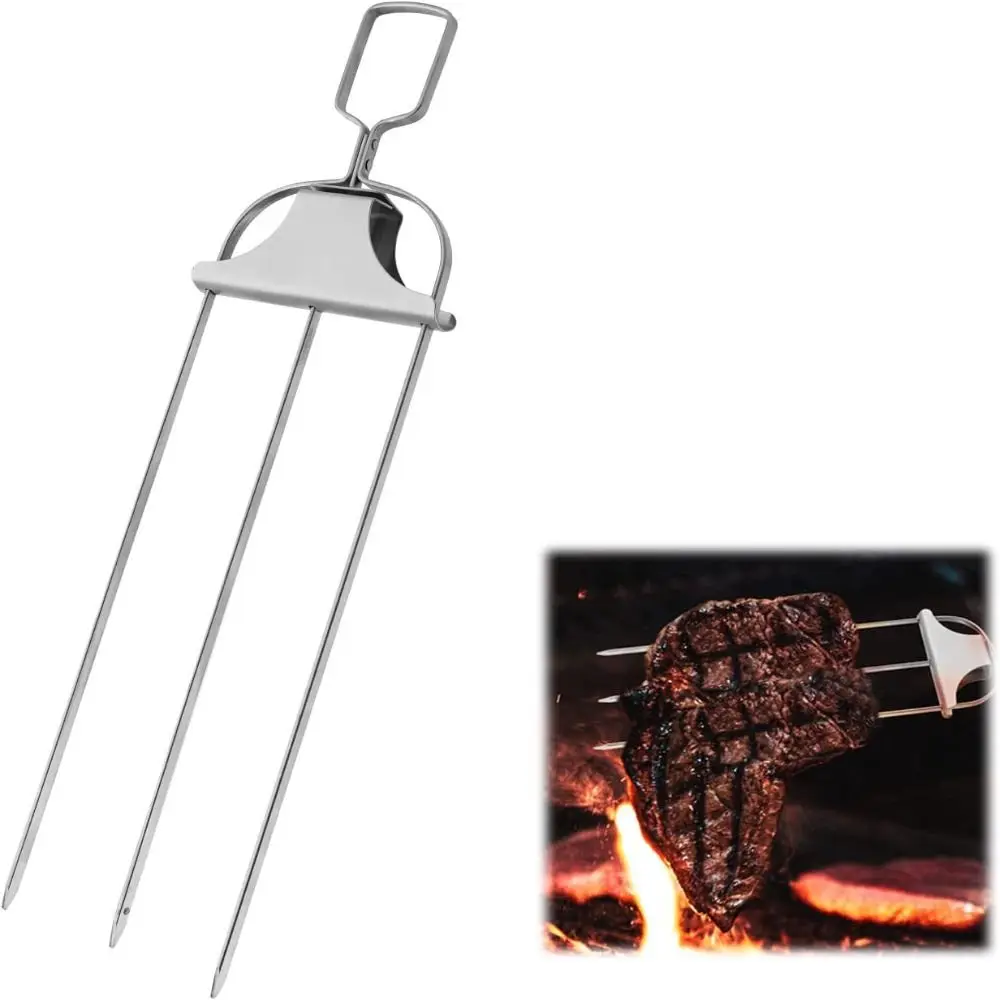 Reusable Barbecue Fork Long-handled Three-pronged BBQ Stick Stainless Steel Grill Accessories for Meat Vegetables Fish