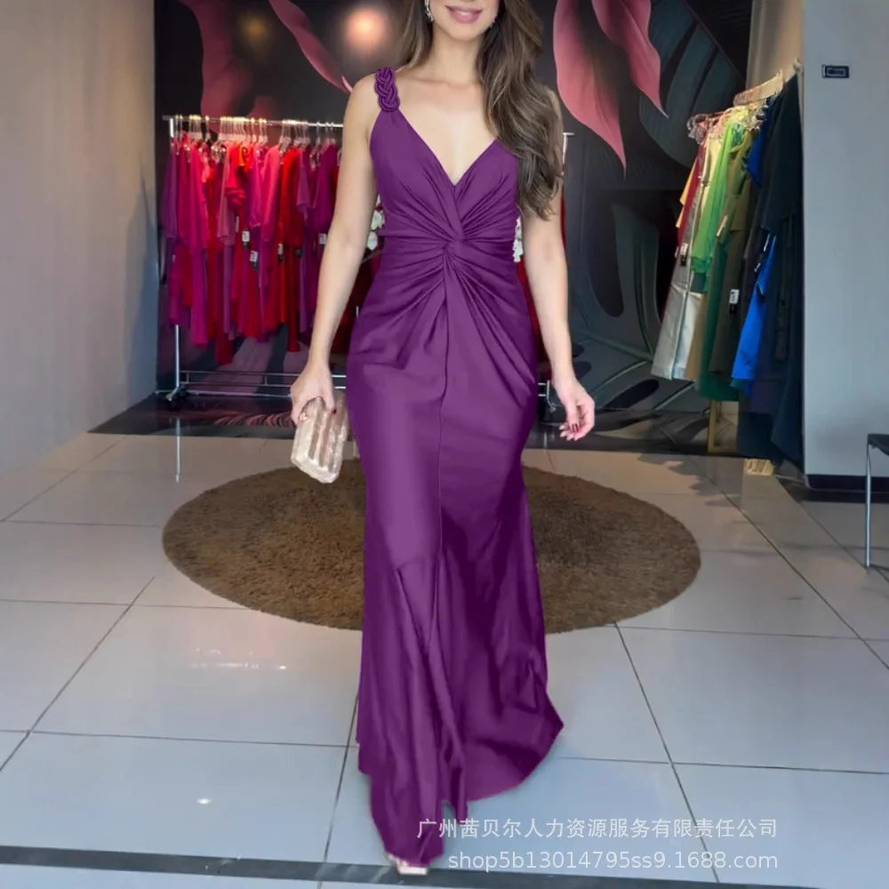 عميق الخامس الرقبة مضفر الأشرطة تويست الجبهة Cinched الخصر مساء فستان عادية زيبر الظهر حورية البحر هيم الساتان فستان ماكسي #4