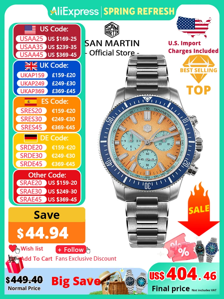 

San Martin 40mm Diver Chronograph Watch Peacock SL-4801 Automatic Movement Luxury Men Mechanical Wristwatch Waterproof SN0118