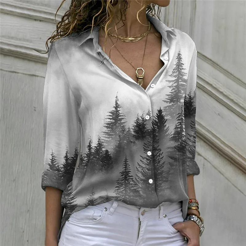 Forest And Tree Pattern Women Casual Shirts Spring Summer Long Sleeve 3D Printing Ladies Street Blouses 3XL Plus Size Shirt Tops