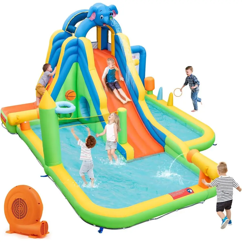 منزلق مائي Iatable، 9 في 1 منزلق مائي عملاق Iatables Water Park مع حمامات سباحة رذاذ، أصابع Tic Tac وجدار التسلق، نفخ خارجي