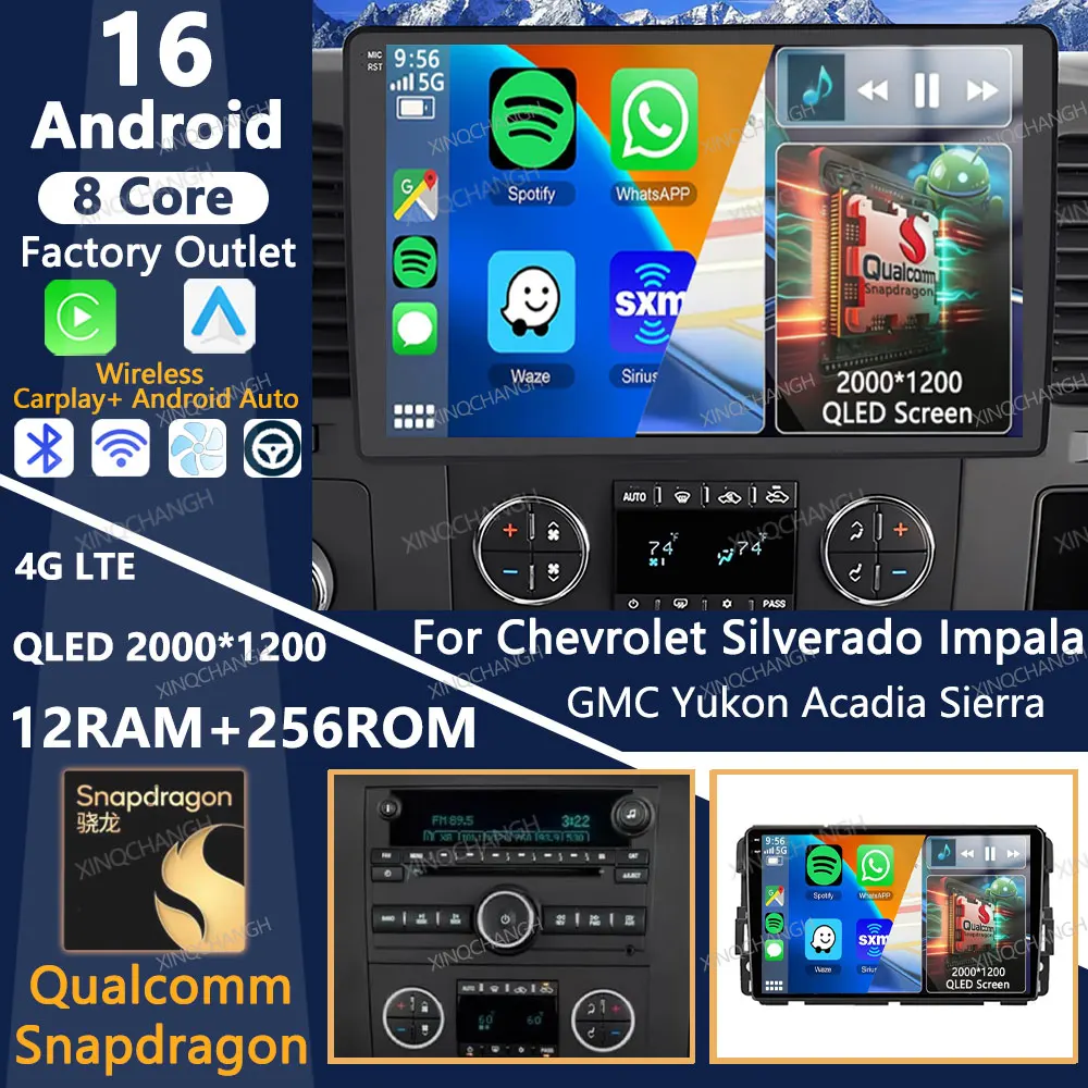 Radio para Auto Android 16 para Chevrolet Silverado, Impala, GMC Yukon, Acadia, Sierra, Qualcomm 4G LTE, 5G WIFI, GPS, Reproductor Multimedia de Video