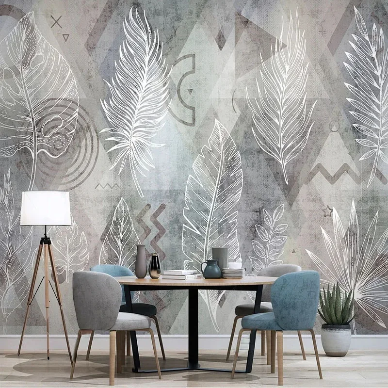 Custom Photo Wallpaper Modern Line Drawing Tropical Plant Leaves Geometric Mural Retro TV Background Wall Mural Papel De Parede