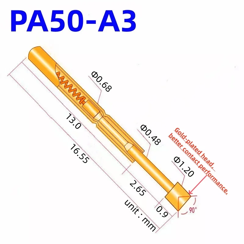 20/100PCS PA50-A3 Spring Test Probe PA50-A Test Pin Test Tool 16.55mm Dia 0.68mm Gold Needle Tip Dia 1.20mmPogo Pin P50-A P50-A3