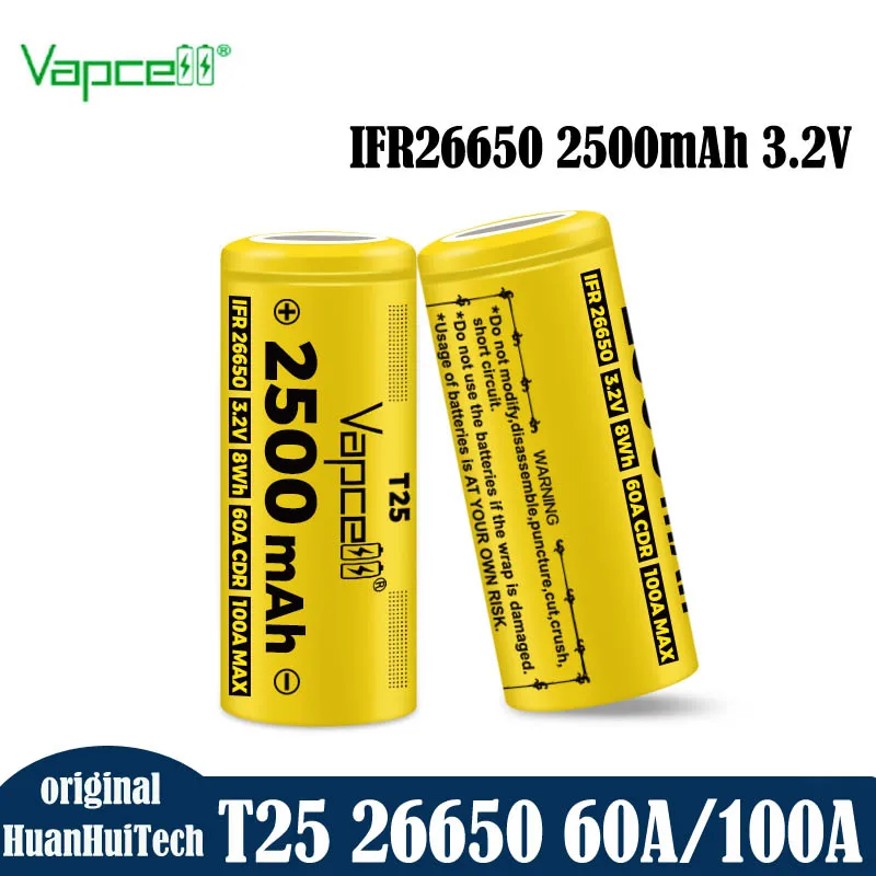 بطاريات ليثيوم أصلية Vapcell 26650 T25 2500mAh CDR 60A MAX 100A 3.2V خلية Lifepo4 26650 للأدوات الكهربائية