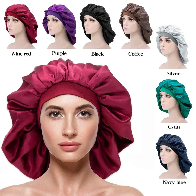 New Long Satin Bonnet Sleep Cap with high elastic hair band Night Cap Hair Care Bonnet Nightcap for Women Men chemo Caps