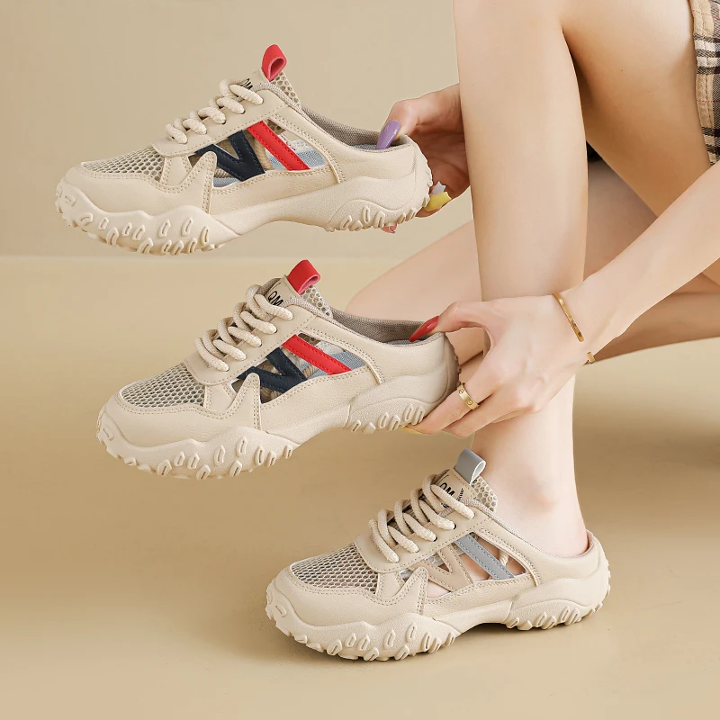 2026 Thick Soles Increase Mesh Womens Sport Slippers Trend Lace Up Half Slipper Fashion Casual Shoes Ladies Slides Sneakers