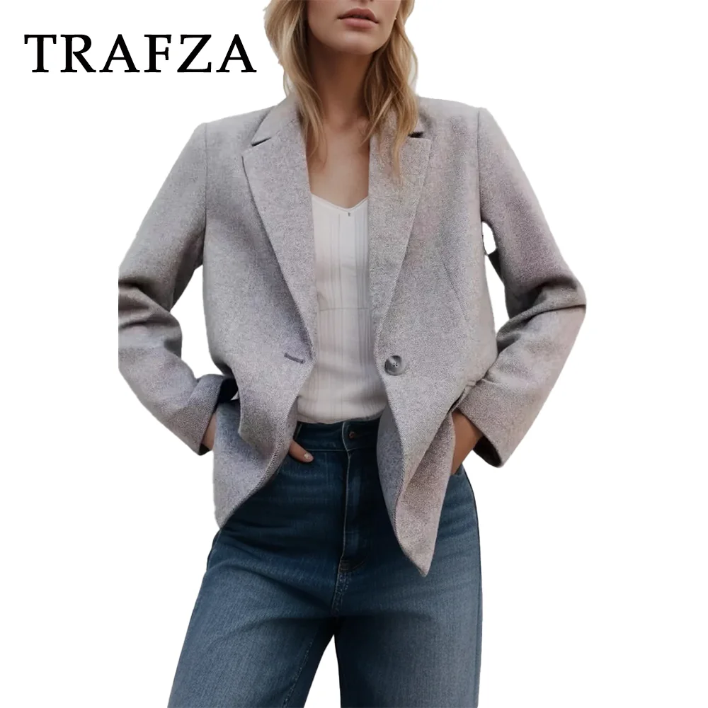 TRAFZA 2024 Spring Summer Office Lady Blazers Fashion Casual Elegant Solid Single Button Shrug Chic Women Blazers Vintage Jacket