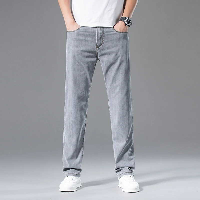 Jeans Lyocell da uomo ultrasottili estivi pantaloni Casual da lavoro dritti larghi pantaloni in Denim di marca grigio fumo con drappeggio morbido