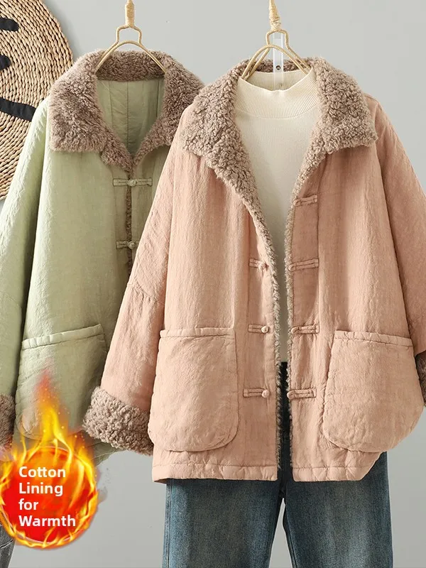 new-chinese-sle-faionable-linen-versatile-plaid-fur-collar-insulated-cotton-jaet-double-ket-buttoned-long-sve-cot