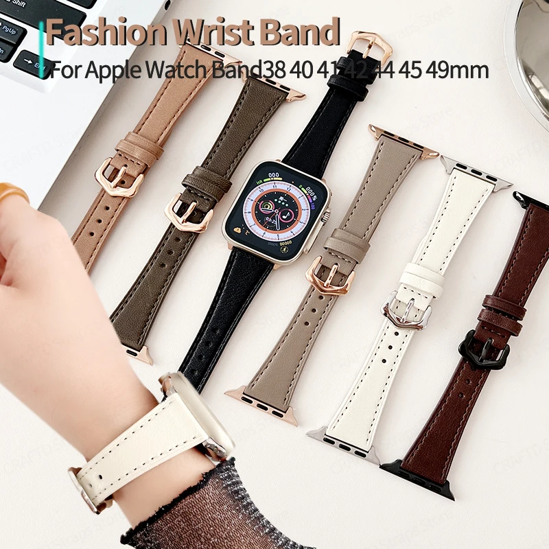 

Fashion Leather Strap for Apple Watch 44mm Band Ultra 49mm 38mm 41 40 42mm Slim Bracele for iWatch Series 7 8 9 SE 6 5 4 3 45mm