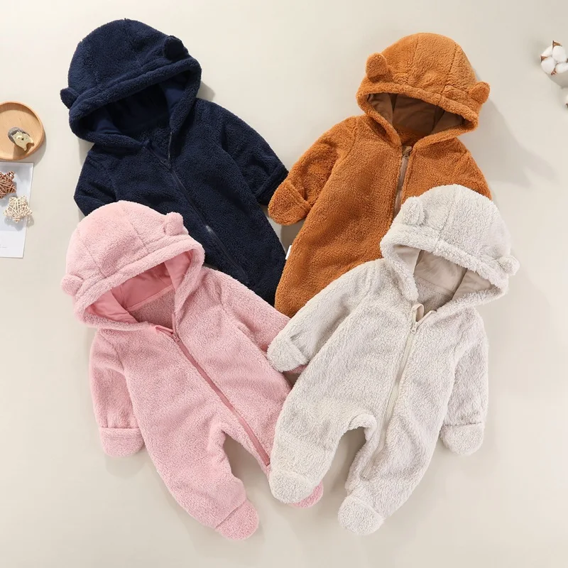 2025 New Autumn Baby Jumpsuit Warm Infant Hooded Plush Rompers Newborn Girl Overalls Spring Toddler Clothes for 3-12 months