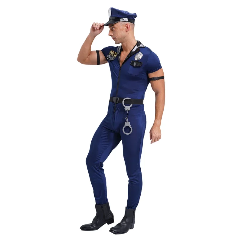 

RT01 Police Cosplay Jumpsuit for Mens Halloween Cosplay Front Zipper Jumpsuit Hat Belt Manacles Badge 7-Piece Cop Costumes&Gf1